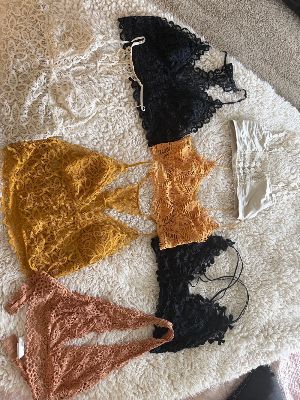 Lot of 7 Lace Bralette Bundle in Mustard, Black, Cream & Clay